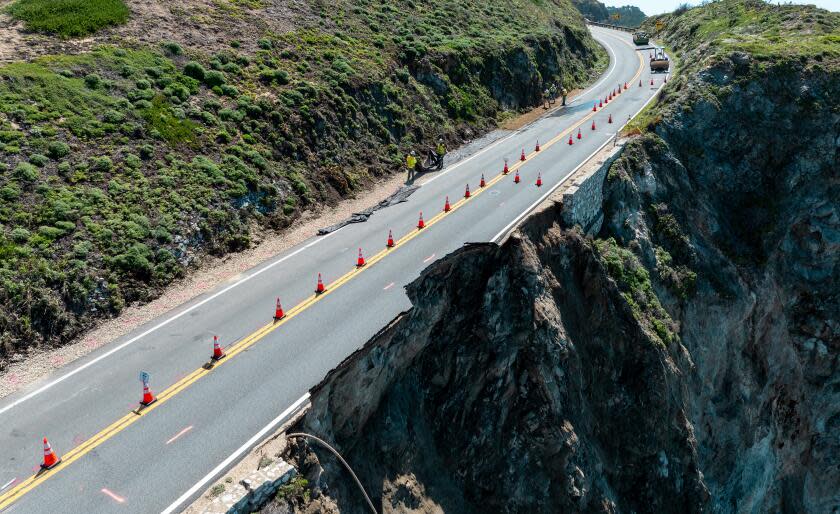 Big Sur, CA - April 02: Hwy. 1 is closed as Caltrans crews assess damage after the road slipped out south of the Rocky Creek Bridge on Tuesday, April 2, 2024 in Big Sur, CA. (Brian van der Brug / Los Angeles Times)