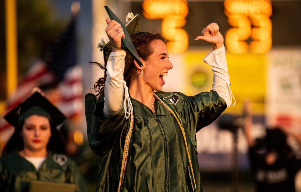 Jillian Paquette, a member of the class of 2024 from Palmetto Ridge High School celebrates at commencement at Palmetto Ridge in Naples on Thursday, May 23, 2024. The 518 seniors at the high school were among 3,400-plus Collier County School District students graduating this year. This is the 20th anniversary of the school.