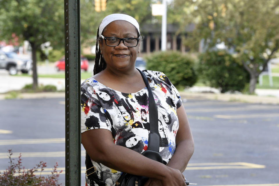 Regina Howard poses for a photo in Southfield, Mich., Friday, July 30, 2021. Lakeshore Legal Aid successfully helped Howard receive $24,550 in federal funds to pay for 15 months of rent. (AP Photo/Jose Juarez)