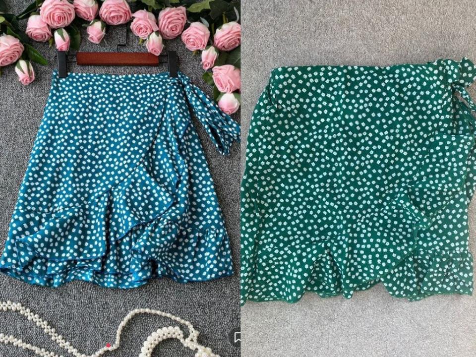 Two side by side pictures of a skirt with white flowers on it