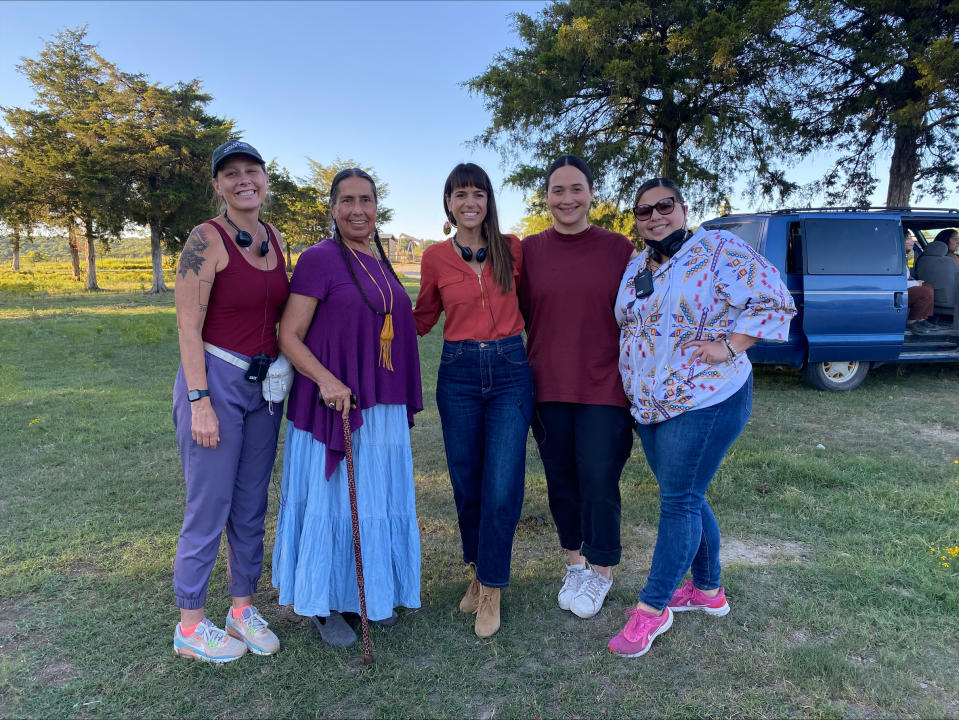 Director Erica Tremblay, Casey Camp-Horinek, Jennifer Loren, Lily Gladstone and Keysa Parker on the set of indie drama<em> Fancy Dance</em>.