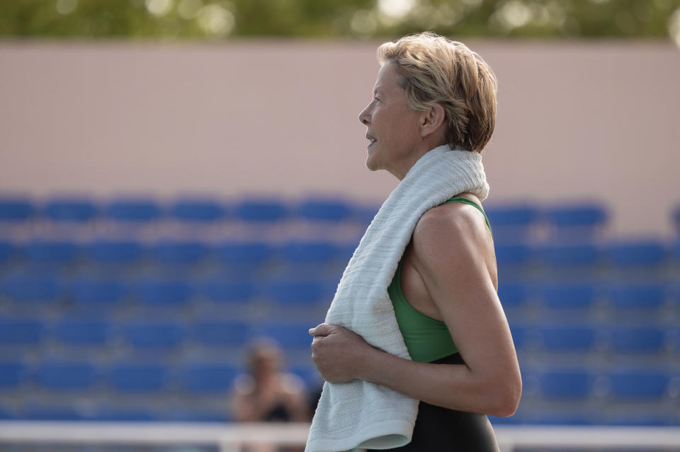 This image released by Netflix shows Annette Bening as Diana Nyad in a scene from the film "Nyad." (Kimberley FrenchNetflix via AP)