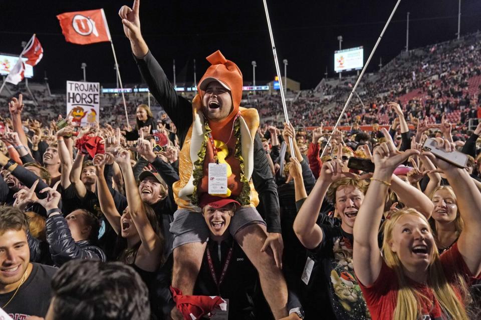 Utah fans celebrate the team's win over USC on Oct. 15, 2022, in Salt Lake City.