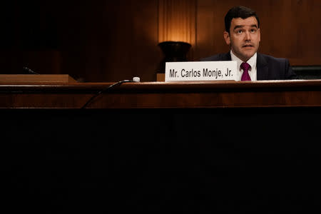Carlos Monje, Jr., Twitter director of Public Policy and Philanthropy for U.S. & Canada testifies before a Senate Judiciary Constitution Subcommittee hearing titled "Stifling Free Speech: Technological Censorship and the Public Discourse." on Capitol Hill in Washington, U.S., April 10, 2019. REUTERS/Jeenah Moon