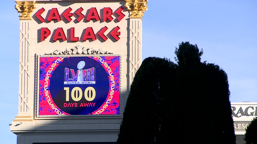 <em>One of several marquees along Las Vegas Boulevard highlighting the 100 day countdown to the first Super Bowl in Las Vegas. (KLAS)</em>
