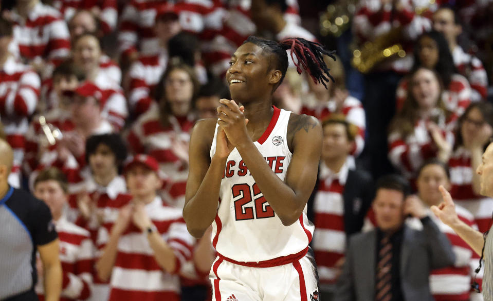 North Carolina State's Saniya Rivers (22) reacts following a basket against Duke during the first half of an NCAA college basketball game, Sunday, Jan. 21, 2024, in Raleigh, N.C. (AP Photo/Karl B. DeBlaker)