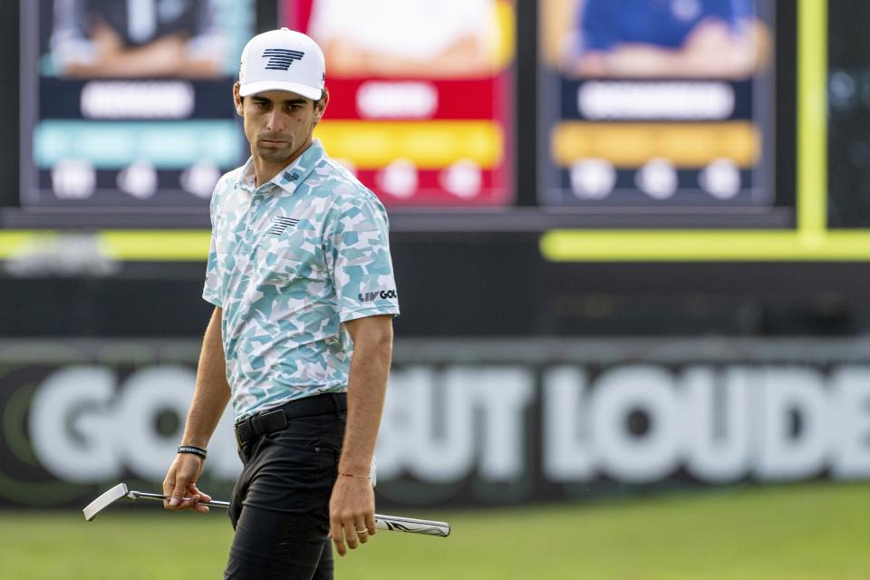 Captain Joaquín Niemann of Torque GC waits to putt on the 18th hole during the first round of LIV Golf tournament, Friday, March 8, 2024, in Hong Kong. (Matthew Harris/LIV Golf via AP)