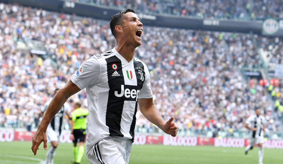 FILE - In this Sunday, Sept. 16, 2018 filer, Juventus' Cristiano Ronaldo celebrates after scoring during a Serie A soccer match between Juventus and Sassuolo, at the Allianz Stadium in Turin, Italy. Lawyers for a Nevada woman who has accused Cristiano Ronaldo of raping her say a psychiatrist determined she suffers post-traumatic stress and depression because of the alleged 2009 attack in Las Vegas. Kathryn Mayorga's attorney, Leslie Stovall, told reporters Wednesday that the psychiatrist's medical opinion is that Mayorga's psychological injuries made her "incompetent" to legally reach a non-disclosure settlement with Ronaldo's representatives in 2010. (Alessandro Di Marco/ANSA via AP)