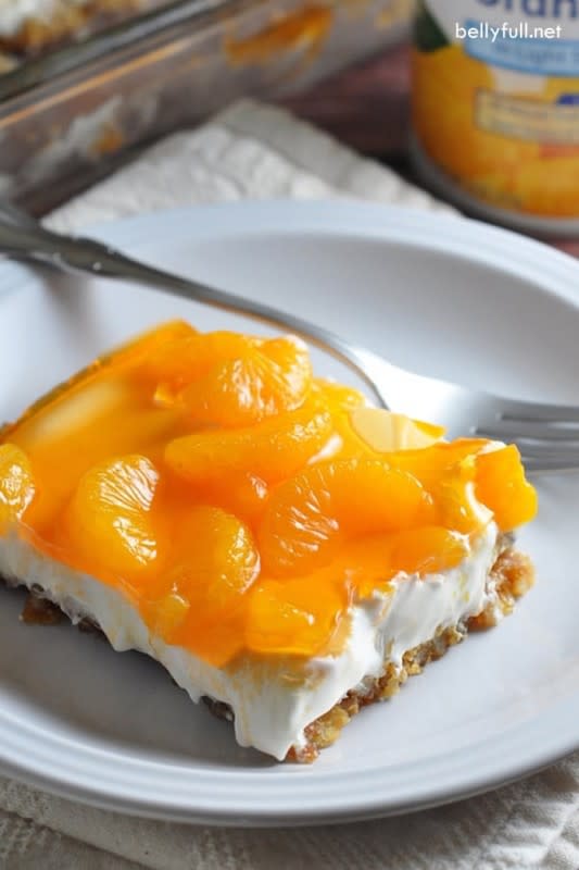 <p>Bellyfull</p><p>Pretzel salad is a classic for a reason. Here, the retro treat gets brightened up with a jammy layer of mandarins. </p><p><strong>Get the recipe: </strong><a href="https://bellyfull.net/mandarin-orange-pretzel-dessert/" rel="nofollow noopener" target="_blank" data-ylk="slk:Mandarin Orange Pretzel Salad;elm:context_link;itc:0;sec:content-canvas" class="link rapid-noclick-resp"><strong>Mandarin Orange Pretzel Salad</strong></a></p>