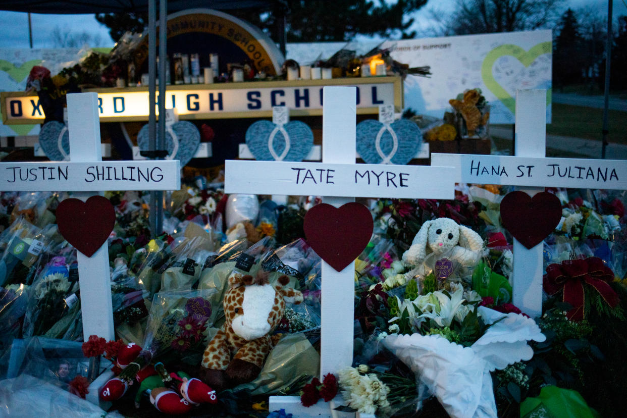 OXFORD, MI - DECEMBER 07: A memorial outside of Oxford High School on December 7, 2021 in Oxford, Michigan. One week ago, four students were killed and seven others injured on November 30, when student Ethan Crumbley allegedly opened fire with a pistol at the school. Crumbley and his parents have been charged in the shooting. (Photo by Emily Elconin/Getty Images)