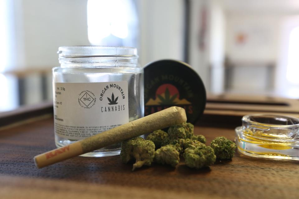 A prerolled joint and cannabis flower are pictured at Organ Mountain Cannabis, a new dispensary on Lohman Avenue in Las Cruces, on April 1, 2022, the first day of recreational sales in New Mexico.