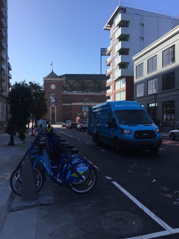 This van can carry a lot of bicycles.