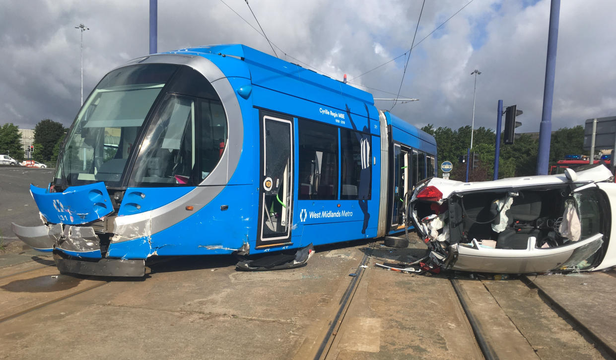 Five people were treated at the scene of a collision between a car and a tram this morning in Wolverhampton. (SWNS)