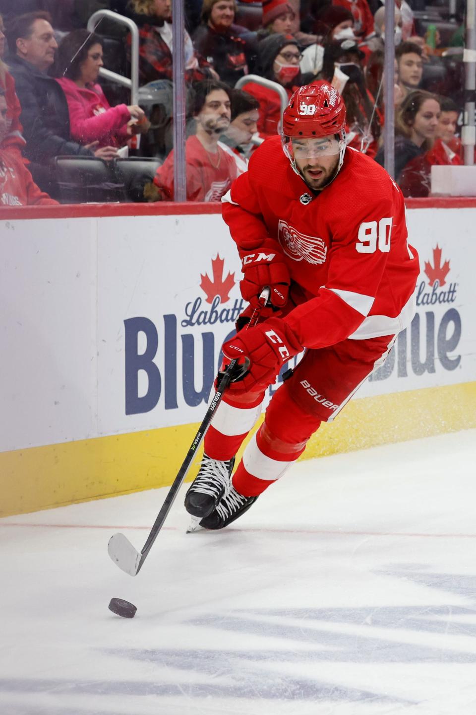 Red Wings center Joe Veleno skates with the puck in the second period of the Wings' 6-2 win over the Sharks on Tuesday, Jan. 4, 2022, at Little Caesars Arena.