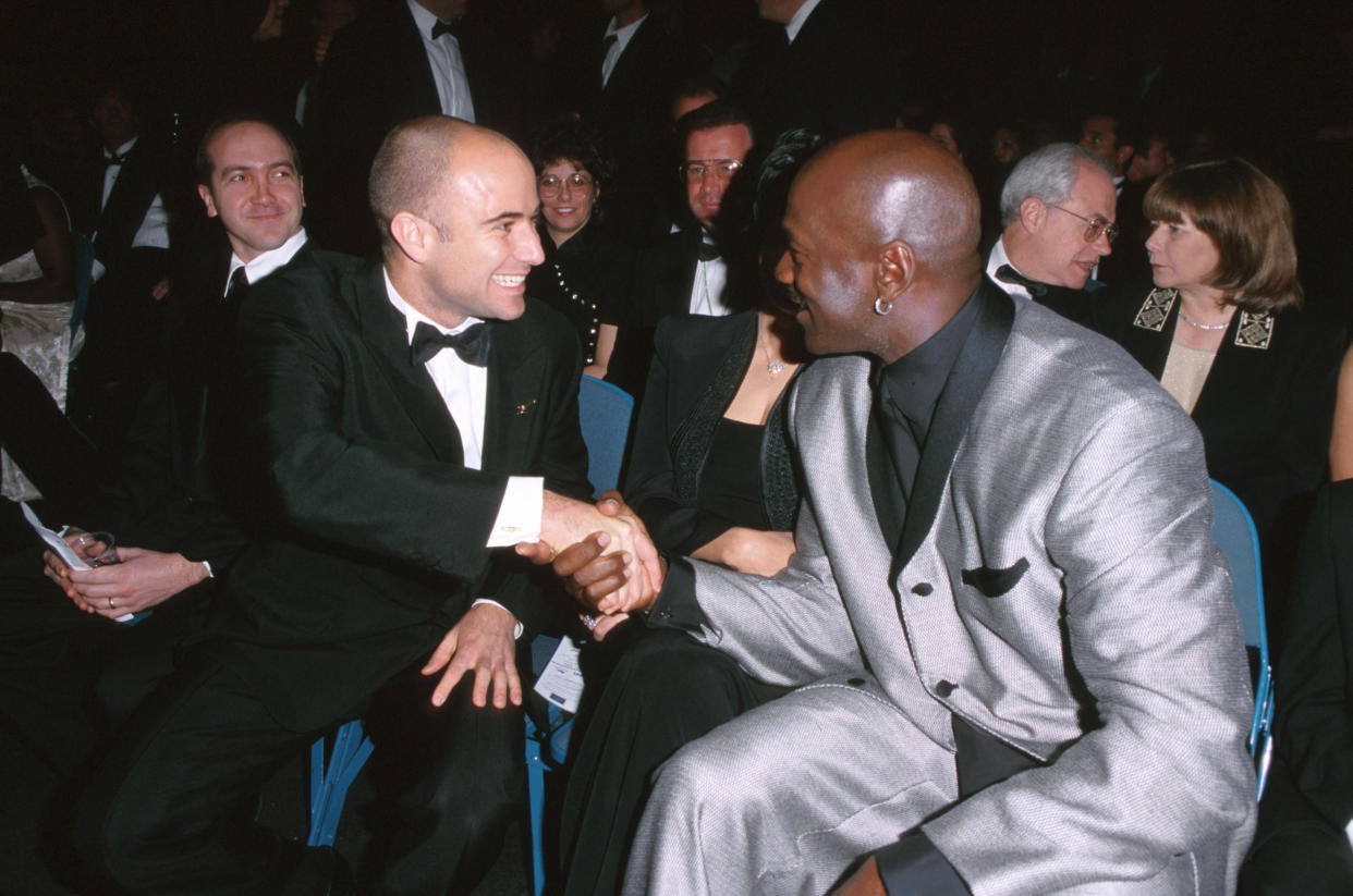 Andre Agassi and Michael Jordan greet each other during the 2000 ESPY Awards at MGM Grand Hotel in Las Vegas. (Photo by SGranitz/WireImage)