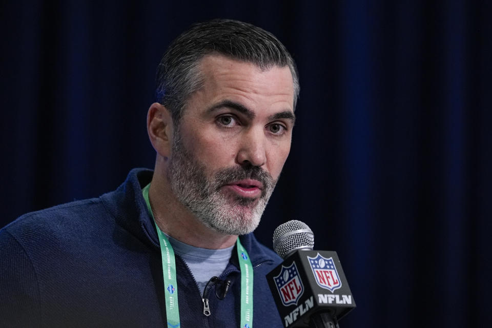 Cleveland Browns head coach Kevin Stefanski speaks during a press conference at the NFL football scouting combine in Indianapolis, Wednesday, Feb. 28, 2024. (AP Photo/Michael Conroy)