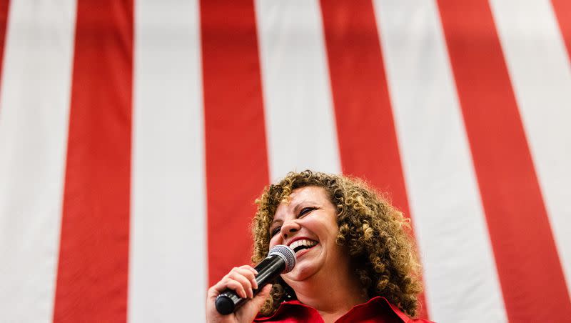 Utah Congressional 2nd District candidate Celeste Maloy speaks after winning the nomination during the Utah Republican Party’s special election at Delta High School in Delta on June 24, 2023.