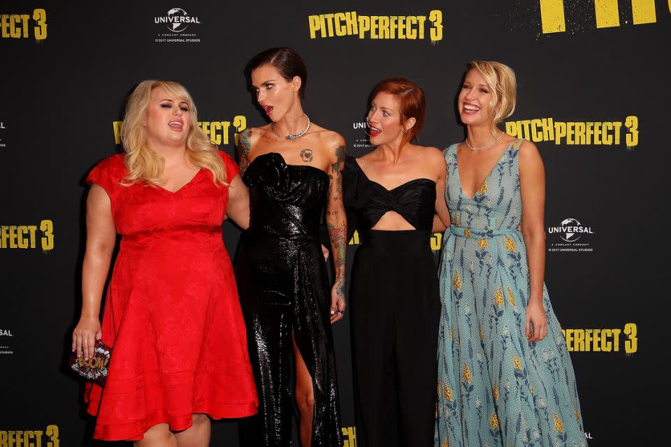 Ruby pictured with Rebel Wilson, Anna Camp and Brittany Snow in Sydney. Source: Getty