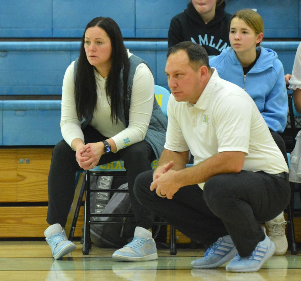 Hamlin head coach Tim Koisti (right) and assistant coach Jaime Neuendorf look on during during a high school girls basketball game against Sioux Valley on Monday, Feb. 5, 2024 at the Hamlin Education Center.