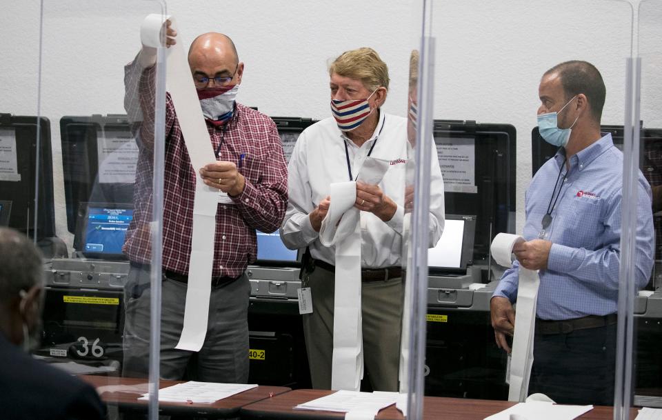 Testing ballots. In 2020 file photo, Lee County Elections Operations Director Gene Hinspeter, left, Supervisor of Elections Tommy Doyle, center, and Elections Support Technician Jim Barone, right, compare sample votes tallied by the tabulators with votes on the sample ballotsat the Lee County Elections Center in Fort Myers.