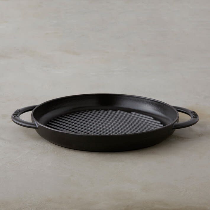 black grill pan on beige counter