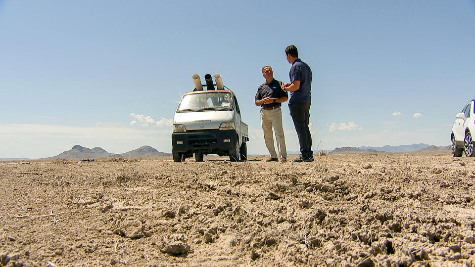 IMAGE: AeroVironment CEO Wahid Nawabi and Ken Dilanian at in a demonstration of the Switchblade drone (NBC News)