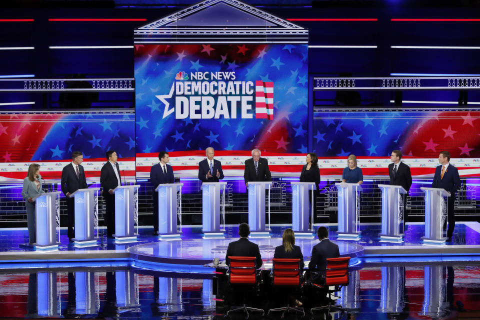 Former Vice President Joe Biden speaks as other Democratic presidential candidates listen during the second night of the first Democratic debate in Miami in June. (Photo: Mike Segar/Reuters)