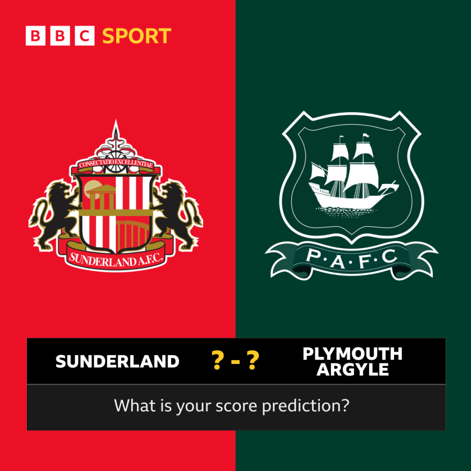 A graphic that says 'what is your score prediction?' with Sunderland and Plymouth on opposing sides