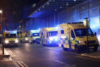 Ambulances queued outside the Royal London Hospital, in London. (Photo by Yui Mok/PA Images via Getty Images)