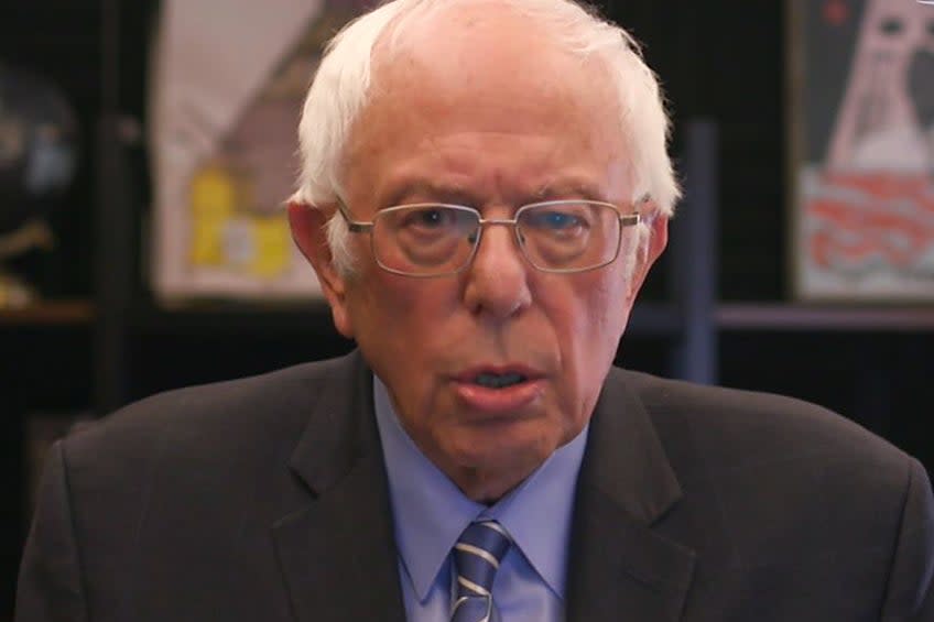 Presidential candidate Bernie Sanders holding a livestream discussion on the coronavirus pandemic and the stimulus bill on 25 March, 2020: berniesanders.com via Getty Images