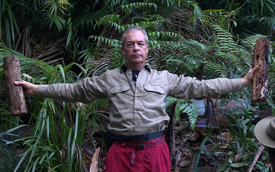 Nigel Farage exercising with two logs in the I'm A Celebrity jungle