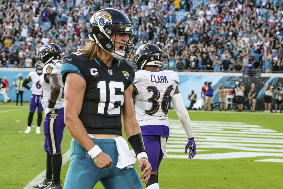 Trevor Lawrence and the Jacksonville Jaguars are on the rise.  (AP Photo/Gary McCullough)