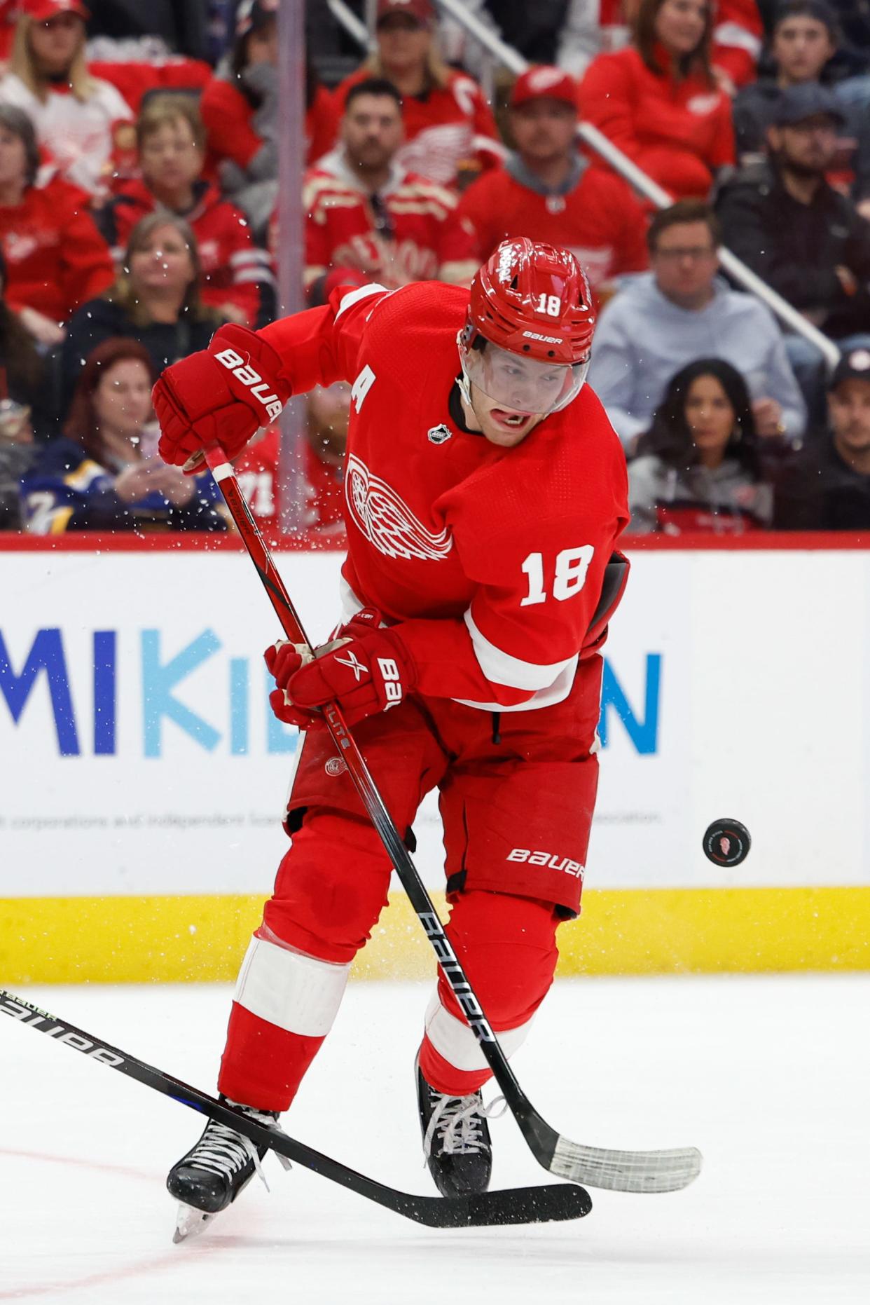 Detroit Red Wings center Andrew Copp (18) skates with the puck in the second period against the St. Louis Blues at Little Caesars Arena in Detroit on Saturday, Feb. 24, 2024.