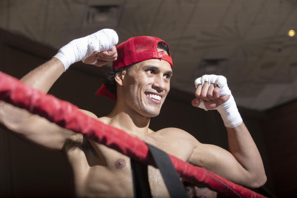 LAS VEGAS, NEVADA - MARCH 22: Super middleweight boxer David Benavídez poses during a media workout at MGM Grand Hotel & Casino on March 22, 2023 in Las Vegas, Nevada. Benavídez, an undefeated, former two-time WBC super middleweight champion, will defend his interim WBC super middleweight title against Caleb Plant, a former IBF super middleweight champion, at the MGM Grand Garden Arena in Las Vegas Saturday, March 25, 2023. (Photo by Steve Marcus/Getty Images)