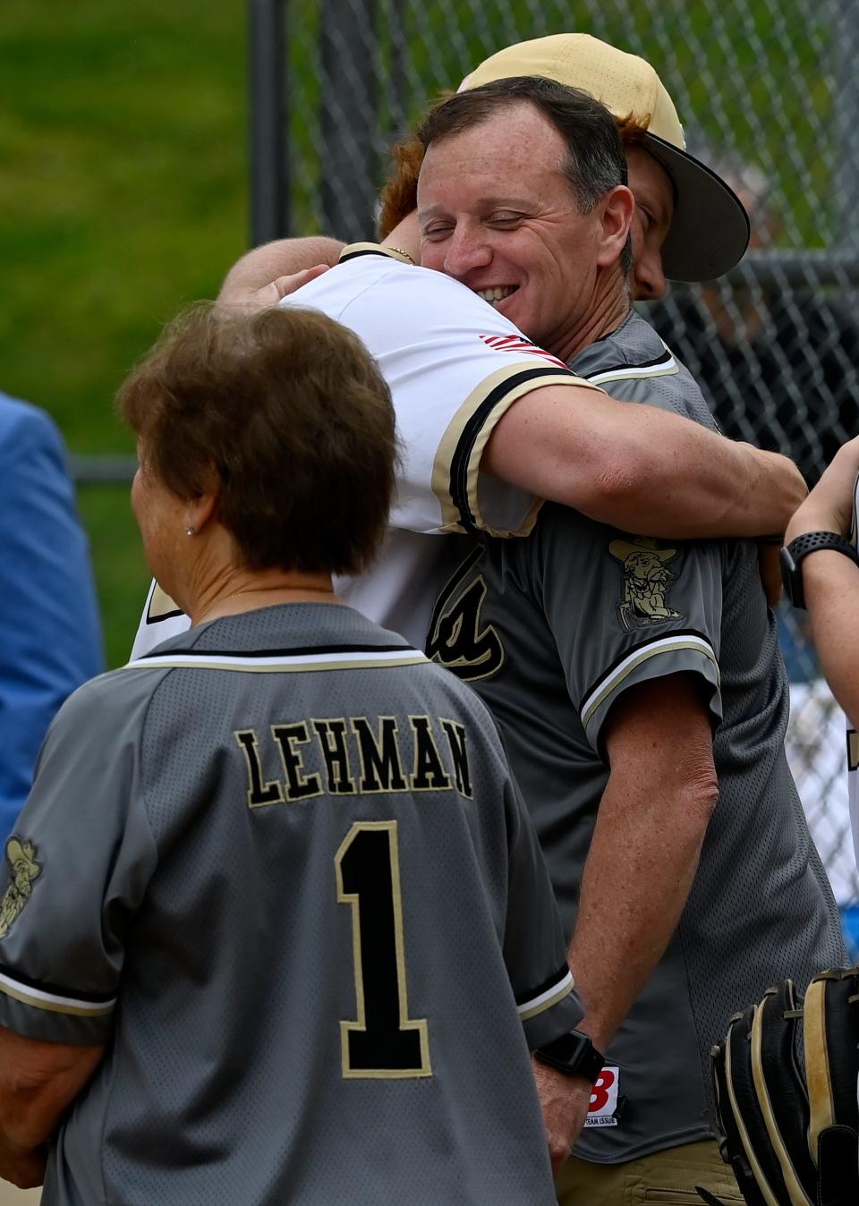 Stewart County high school pitcher Connor Lehman hugs his father, Brett Lehman, during senior day before a game against Montgomery Central on Monday, April 29, 2024, in Dover, Tenn. Lehman has committed to the University of Alabama.