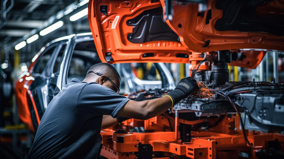 A worker in a factory using a robotic arm to assemble automotive body panels.