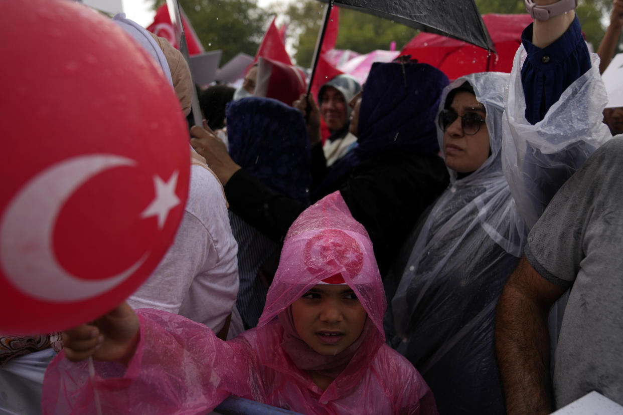 Turkish demonstrators stage a anti LGBTI+ protest , in Fatih district of Istanbul, Sunday, Sept. 18, 2022. (AP Photo/Khalil Hamra)