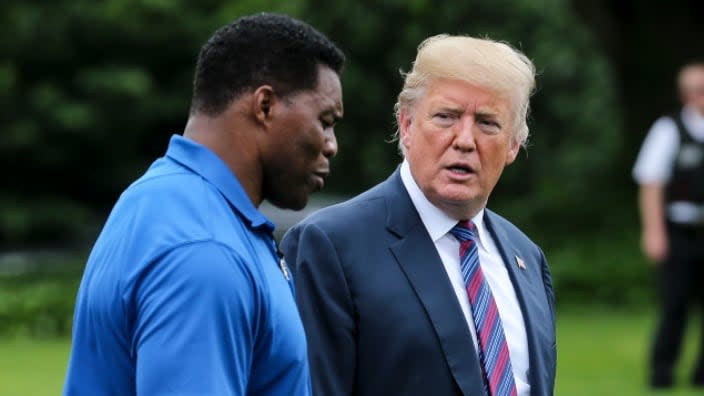 In this 2018 photo, Herschel Walker (left) and then-President Donald Trump (right) talk as they watch participants during the White House Sports and Fitness Day in Washington, D.C. (Photo by Oliver Contreras-Pool/Getty Images)