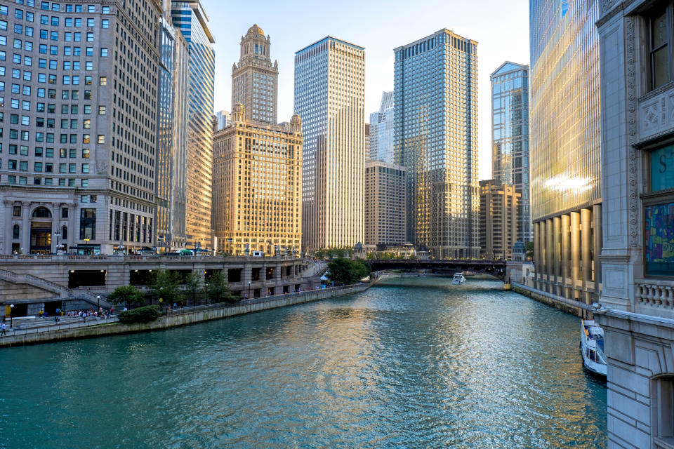 A view of the Chicago skyline from the Chicago River.