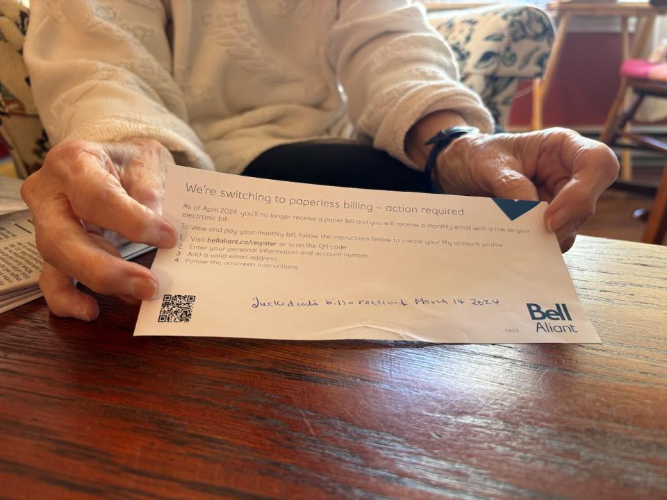 Bernice Morgan, an 89-year-old St. John's resident, received this notice with her March phone and TV bill.