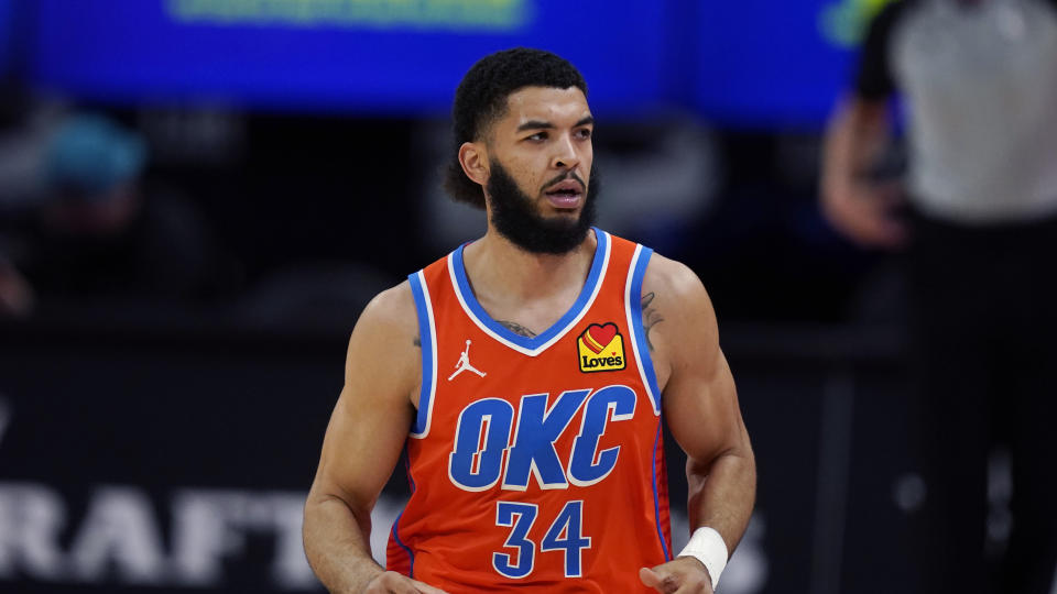 Oklahoma City Thunder forward Kenrich Williams plays during an NBA basketball game, Friday, April 16, 2021, in Detroit.