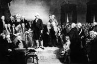 FILE - This images shows a depiction of President George Washington delivering his inaugural address in the Senate Chamber of Old Federal Hall in New York on April 30, 1789. When Joe Biden addresses the country for the first time as president, his inaugural speech is likely to echo calls for unity that predecessors have invoked since the first time George Washington was sworn in. (AP Photo, File)