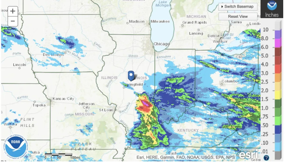 Weather map showing precipitation in Central U.S., centered on Illinois, with color indication of high precipitation south of Springfield.