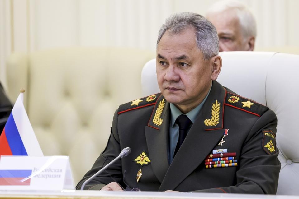 In this handout photo released by Russian Defense Ministry Press Service, Russian Defense Minister Sergei Shoigu attends a session of the Council of Defense Ministers of the Collective Security Treaty Organization (CSTO) in Minsk, Belarus, Thursday, May 25, 2023. (Vadim Savitsky/Russian Defense Ministry Press Service via AP)