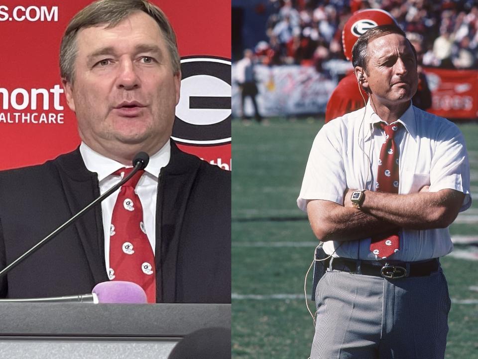 Kirby Smart, left, wears one of Vince Dooley's famous ties that he wore when he was coach of Georgia football.