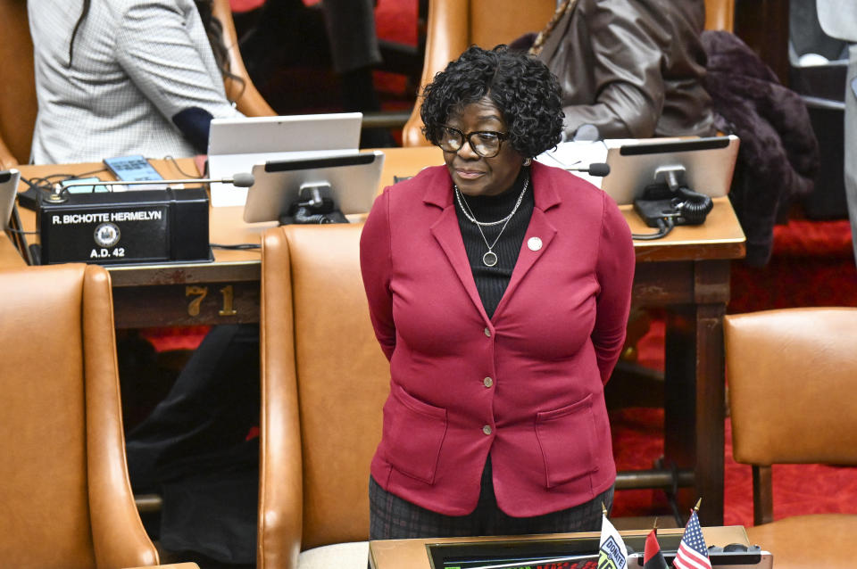 Assembly Majority Leader Crystal D. Peoples-Stokes, D- Buffalo, debates legislation to approve a legislative pay raise during a special legislative session in the Assembly Chamber at the state Capitol, Thursday, Dec. 22, 2022, in Albany, N.Y. (AP Photo/Hans Pennink)