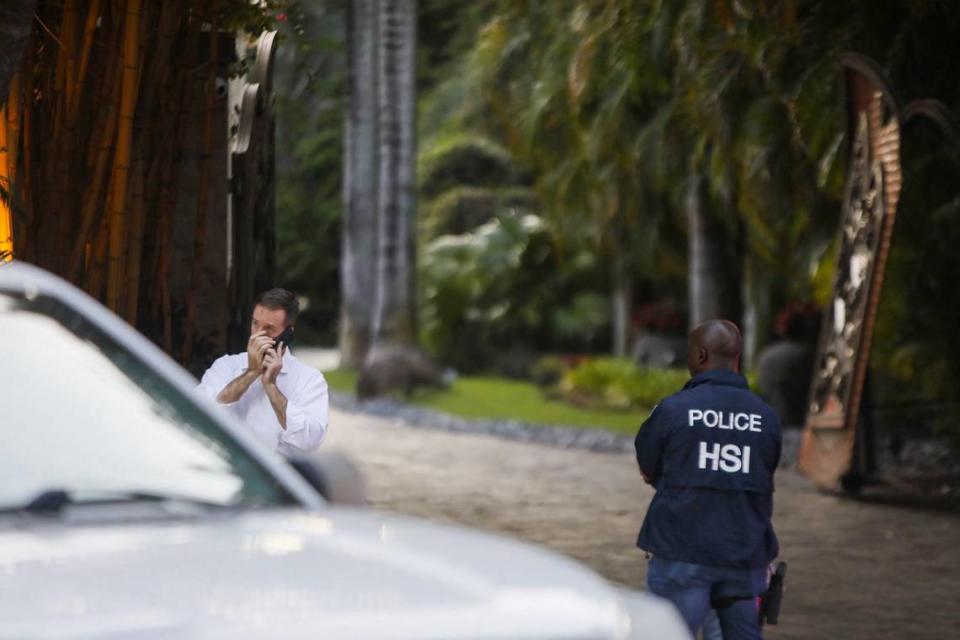 Federal agents outside the two Star Island mansions of Sean ‘Diddy’ Combs on Monday, March 25, 2024, in Miami Beach, Florida. Federal agents raided his two Miami Beach mansions, along with raiding his home in Los Angeles. The raids follow a suit by his ex producer alleging Diddy was engaged in a ‘widespread and dangerous criminal sex trafficking organization