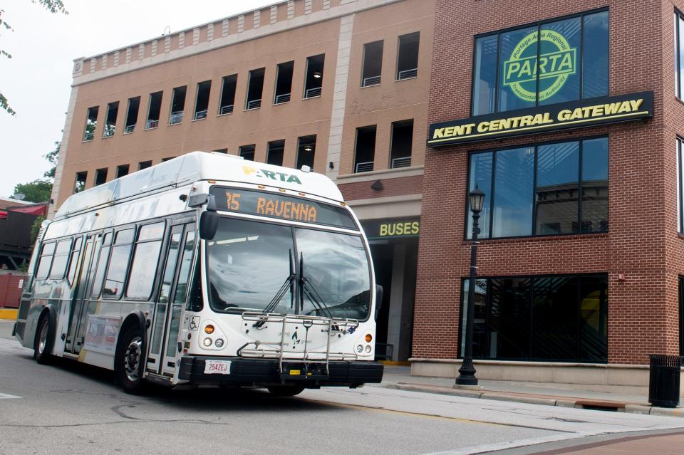 A PARTA bus leaves the Kent Central Gateway facility in downtown Kent.