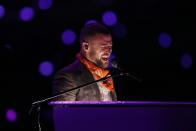 <p>Justin Timberlake performs during half time in Super Bowl LII between the New England Patriots and the Philadelphia Eagles at U.S. Bank Stadium. Mandatory Credit: John David Mercer-USA TODAY Sports </p>