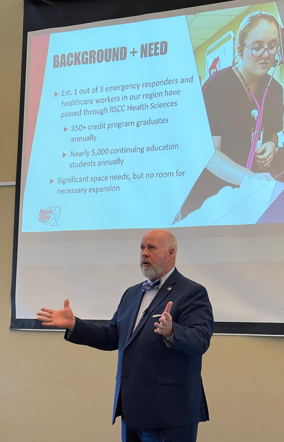 Chris Whaley, the fifth president of Roane State Community College, tells the League of Women Voters of Oak Ridge about the importance of increased space to enable training of nurses and other health-care workers.